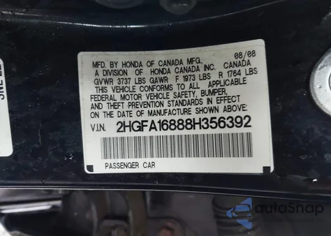 2008 Honda Civic Ex z USA, uszkodzony, nr VIN 2HGFA16888H356392